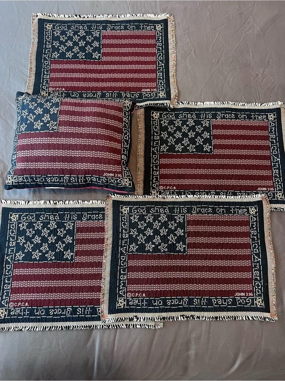 Americana Tapestry 4 Placemats + Pillow John 3:16 Christian Patriotic Decor
